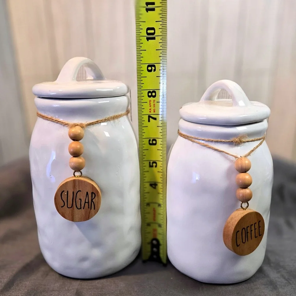 Tall Pebbled White Salt Cellar‎ Wood Tag Sugar & Coffee Canister